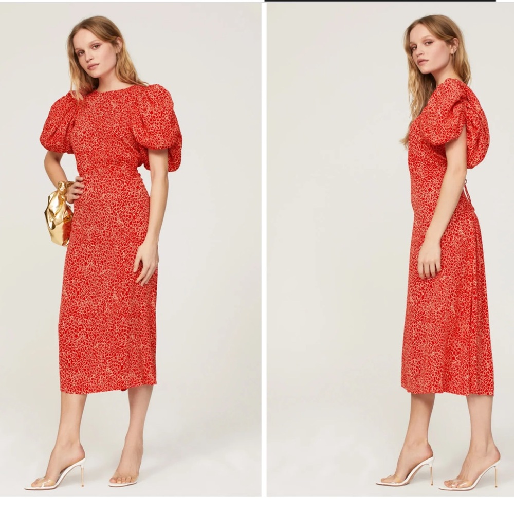 ROTATE Birger Christensen โข Red Puff-Sleeve Midi Dress